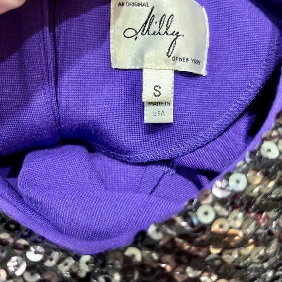 Milly Purple Blouse w/ Black Sequin Collar Back Buttons Short Sleeve Sz SM USA - Picture 7 of 11